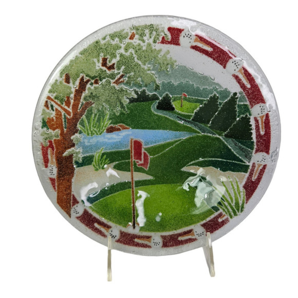 Peggy Karr Fused Art Glass Golf Course Round Bowl Box Signed 8 Inch Gift‎ Vtg